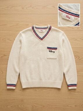 Cherry LA Men’s V-Neck Cotton Knit Sweater in Cream - Size M